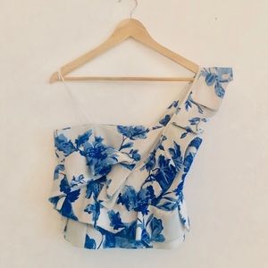 Blue and white ruffle top